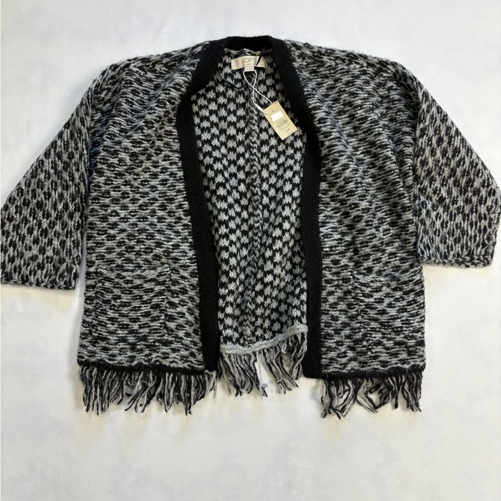 LOFT Italian Yarn Wool Blend Fringe Cardigan Sweater Black White XSP Petite‎